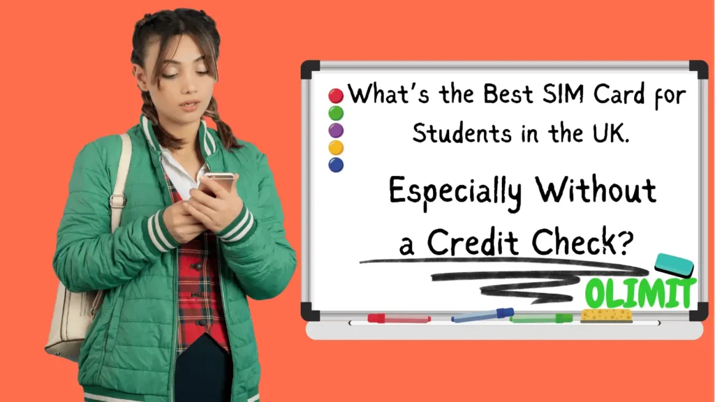 a student girl looking at her phone next to a classroom white board with writing on it.