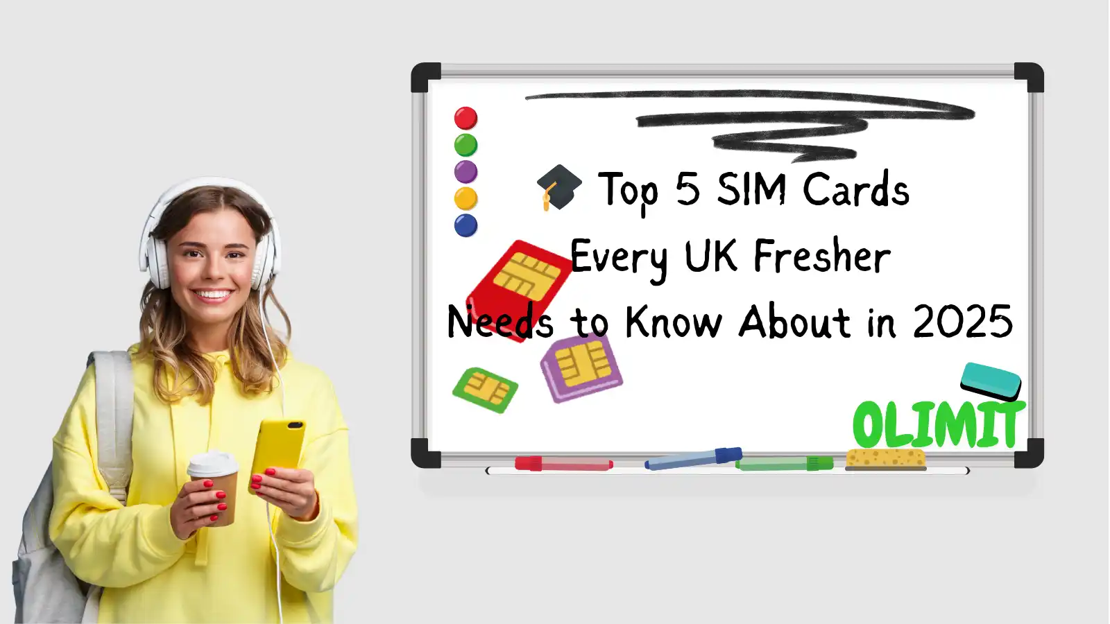 girl looking at the camera with her phone and coffee in her hands next to a classroom whiteboard with writing on it